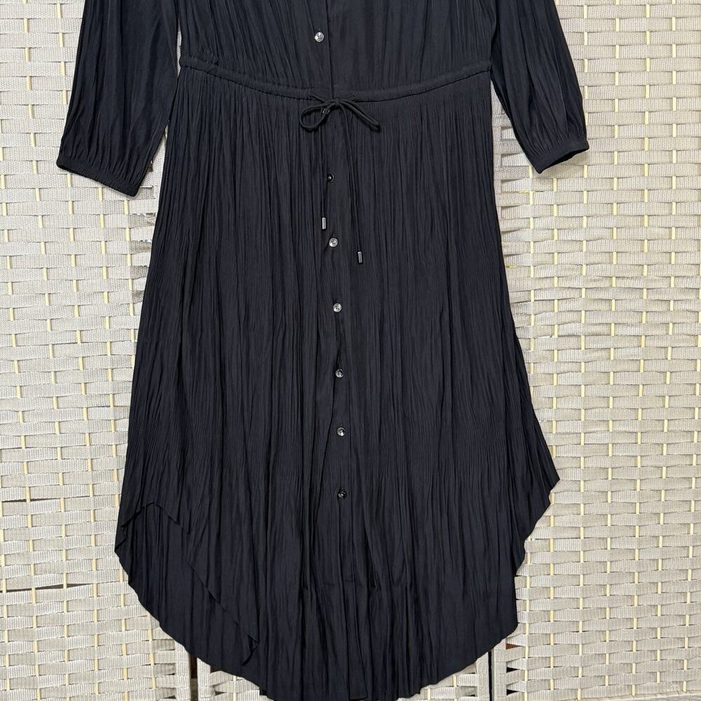 Chico’s Crinkle Pleat Midi Shirt Dress Size 1.5 US 10 Black Ruffle Tie Neck - Picture 4 of 11
